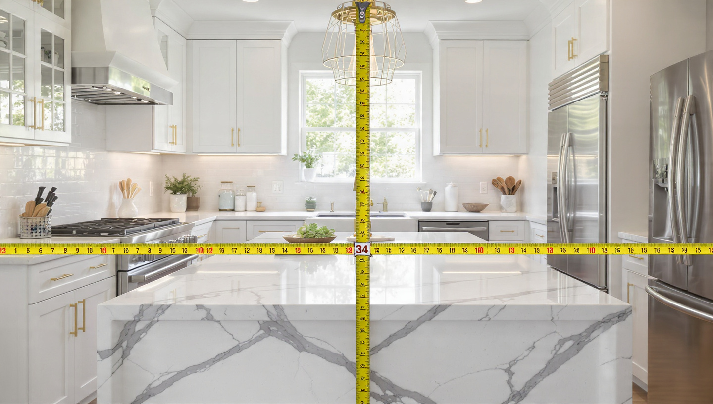 An AI-generated kitchen render beside a tape measure showing an impossibly narrow work aisle between island and counter
