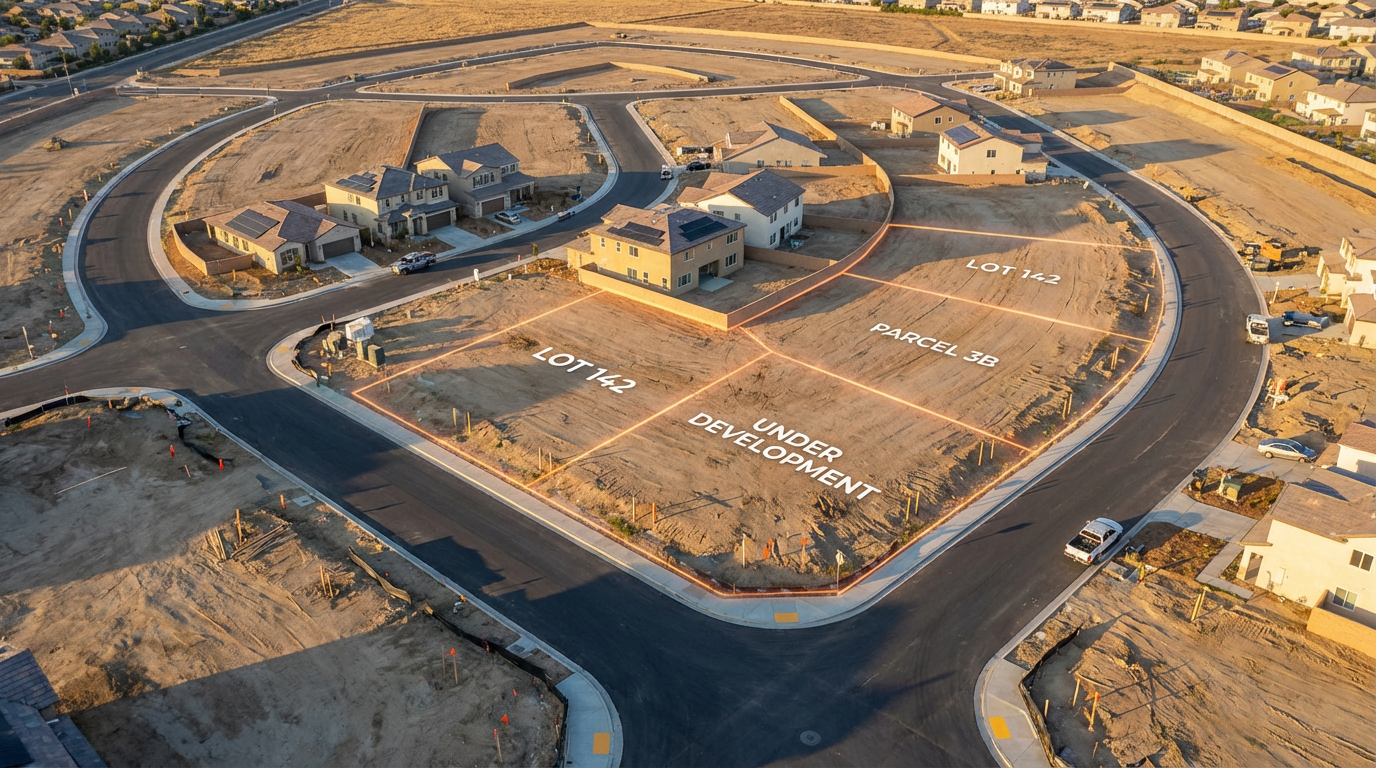 Aerial view of a suburban subdivision under construction with parcel boundaries highlighted