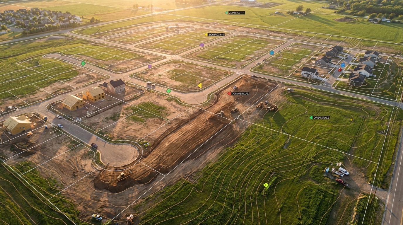 Aerial view of undeveloped residential lots with overlaid digital parcel boundaries and zoning data, rolling hills in background