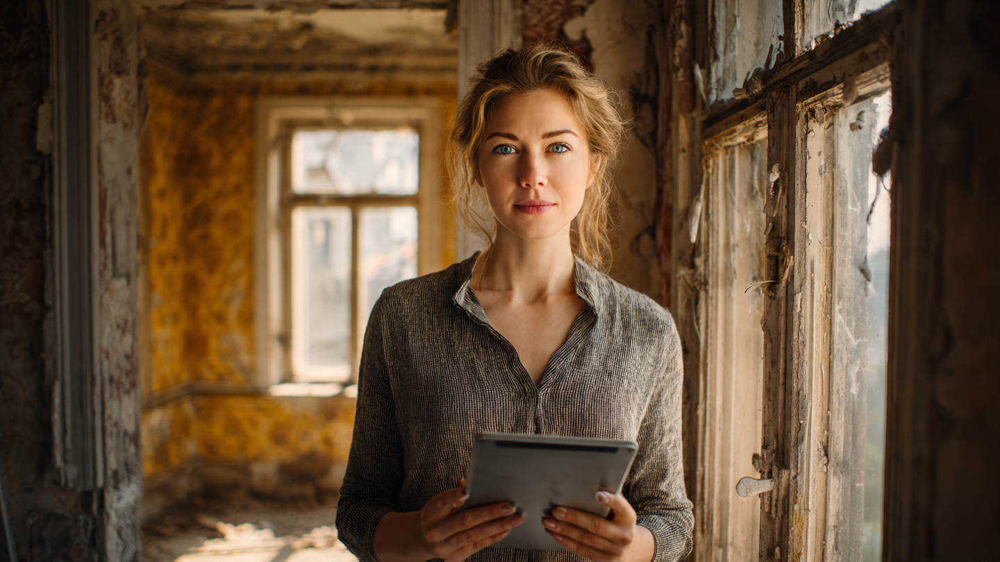 A split-screen comparison of an empty apartment with peeling walls on the left and the same room AI-staged with modern furniture and warm lighting on the right, photographed from the doorway