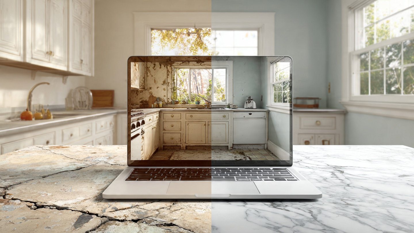 A split-screen view of a real estate listing photo showing a bright renovated kitchen on a laptop screen, with the actual kitchen visible through a doorway behind it showing peeling paint and outdated cabinets