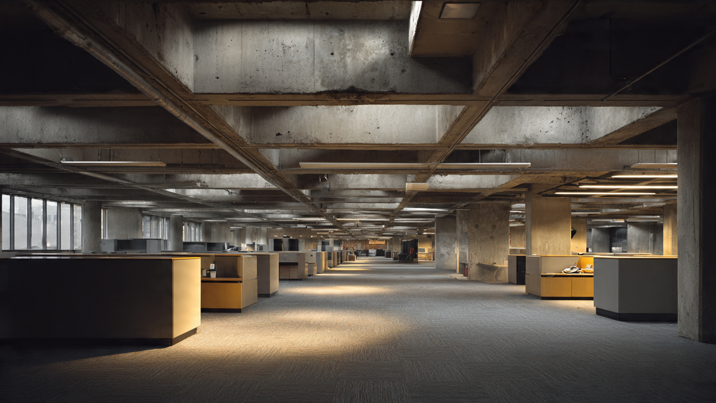 An empty office floor plate with deep interior space and fluorescent ceiling lights, windows visible only as a distant bright strip along one wall