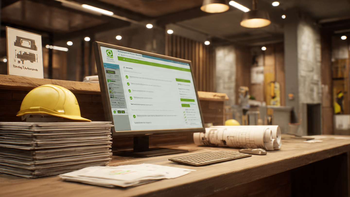 A building permit office counter with a computer screen displaying an AI document checking interface showing green checkmarks and flagged items, building plans and blueprints stacked nearby, a hard hat resting on the counter