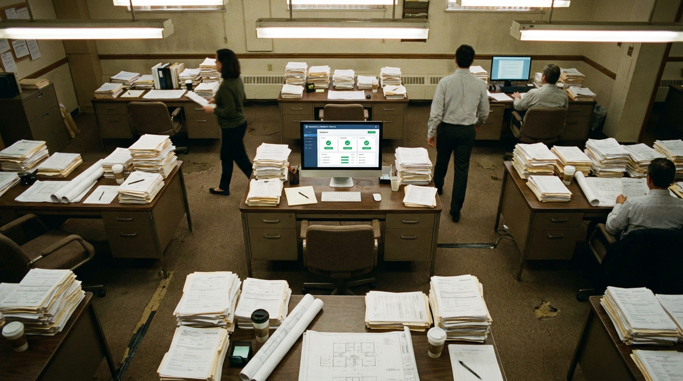 A municipal permit office desk covered in paper applications and blueprints next to a computer screen showing a digital permit dashboard