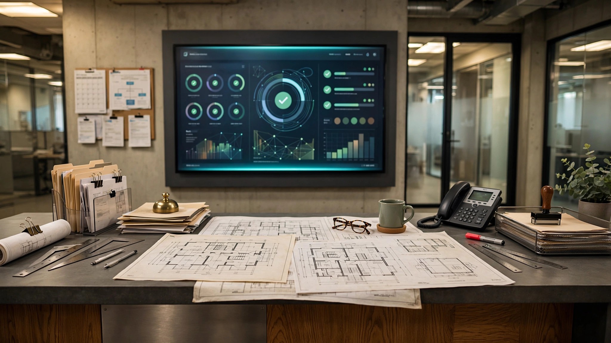 A city building department counter with architectural plans spread across it, a digital screen showing an AI code-compliance dashboard glowing in the background