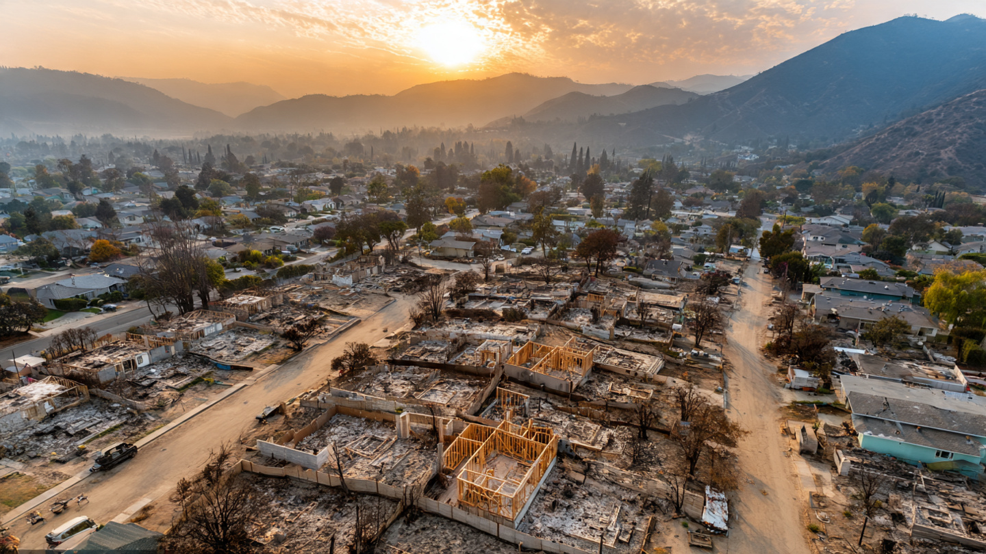 Burned residential lots in a Los Angeles hillside neighborhood with scattered foundation outlines visible, a few homes under construction amid rows of empty parcels, late afternoon light