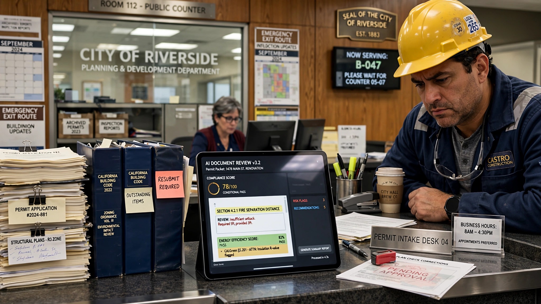 A city planning department counter with stacks of dense permit documents, a digital tablet showing an AI review interface, and fluorescent office lighting casting harsh shadows across the cluttered workspace