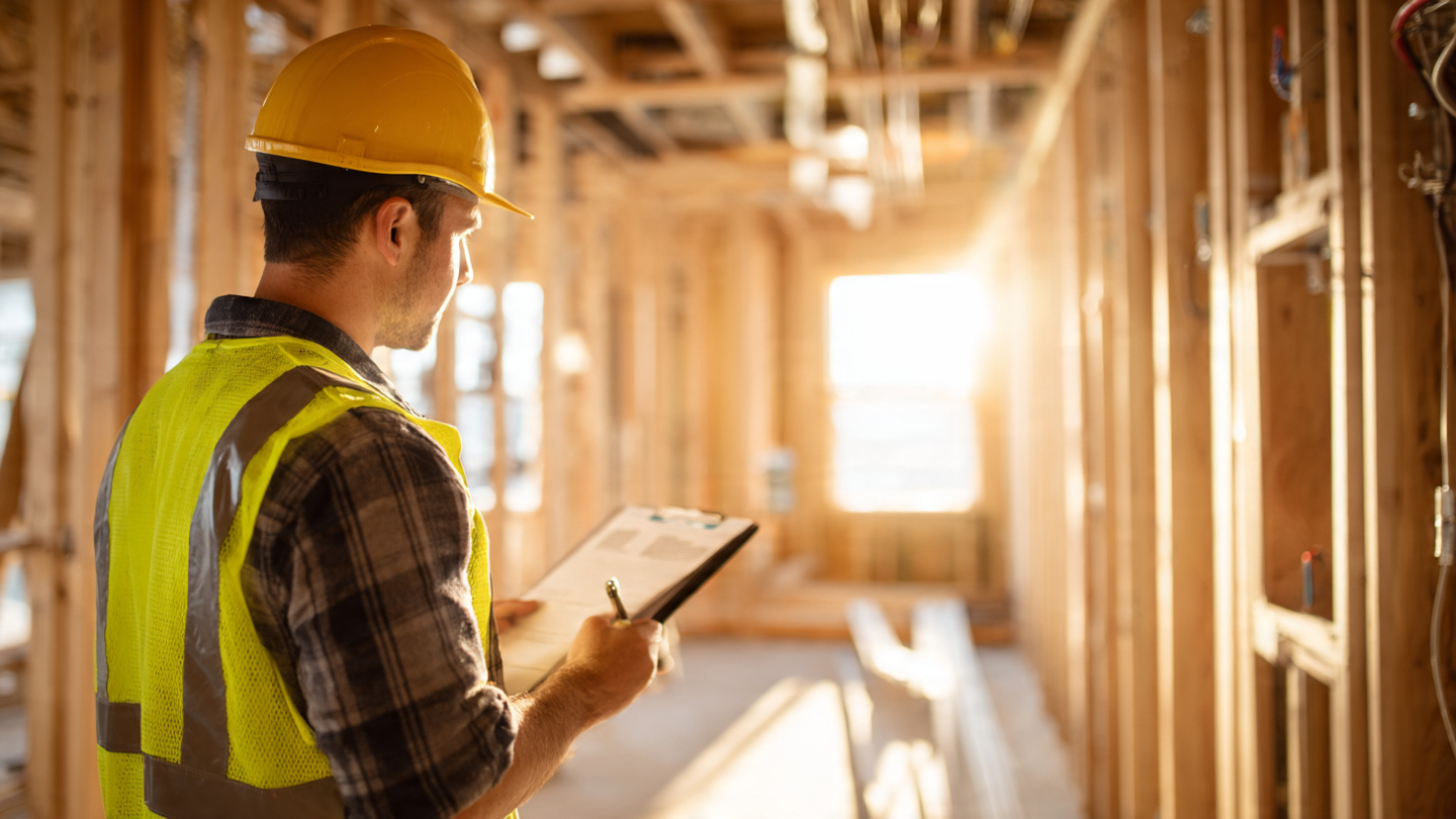 Building inspector reviewing framing with AI tablet