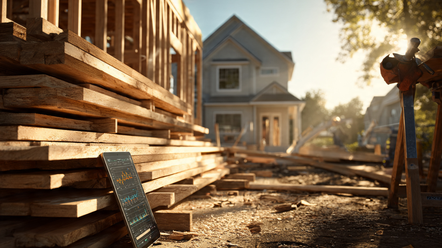Stacks of lumber on a residential construction site with a tablet showing price tracking graphs propped against the pile, late afternoon sunlight casting long shadows across the framing
