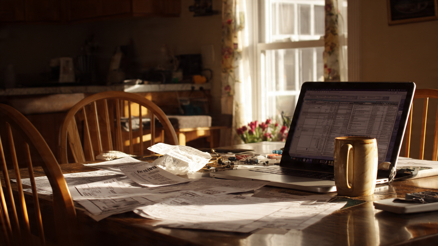 A kitchen table covered with a property tax assessment notice, a laptop showing comparable home values, and a coffee mug in a modest suburban home