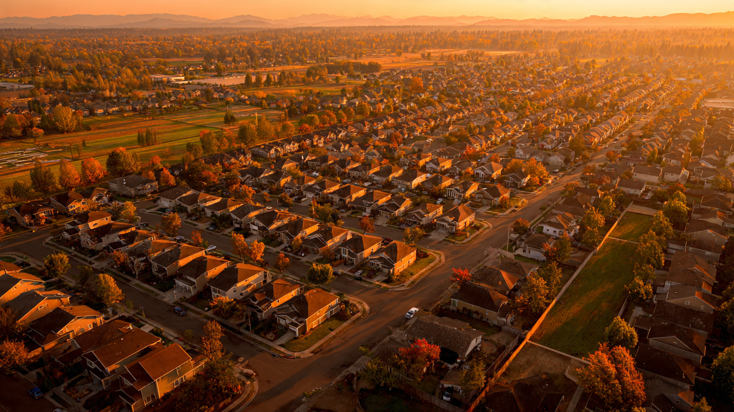 Aerial view of a suburban neighborhood with overlaid data visualization showing varying property values and assessment ratios