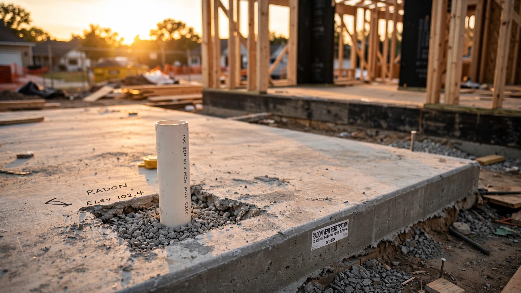 A cross-section view of a residential foundation showing a radon mitigation pipe running through gravel beneath a concrete slab, with faint geological strata visible below