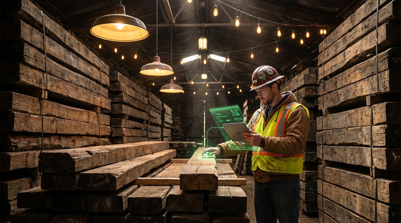 Stacks of weathered reclaimed lumber beams in a salvage warehouse, with a worker holding a tablet scanning a board