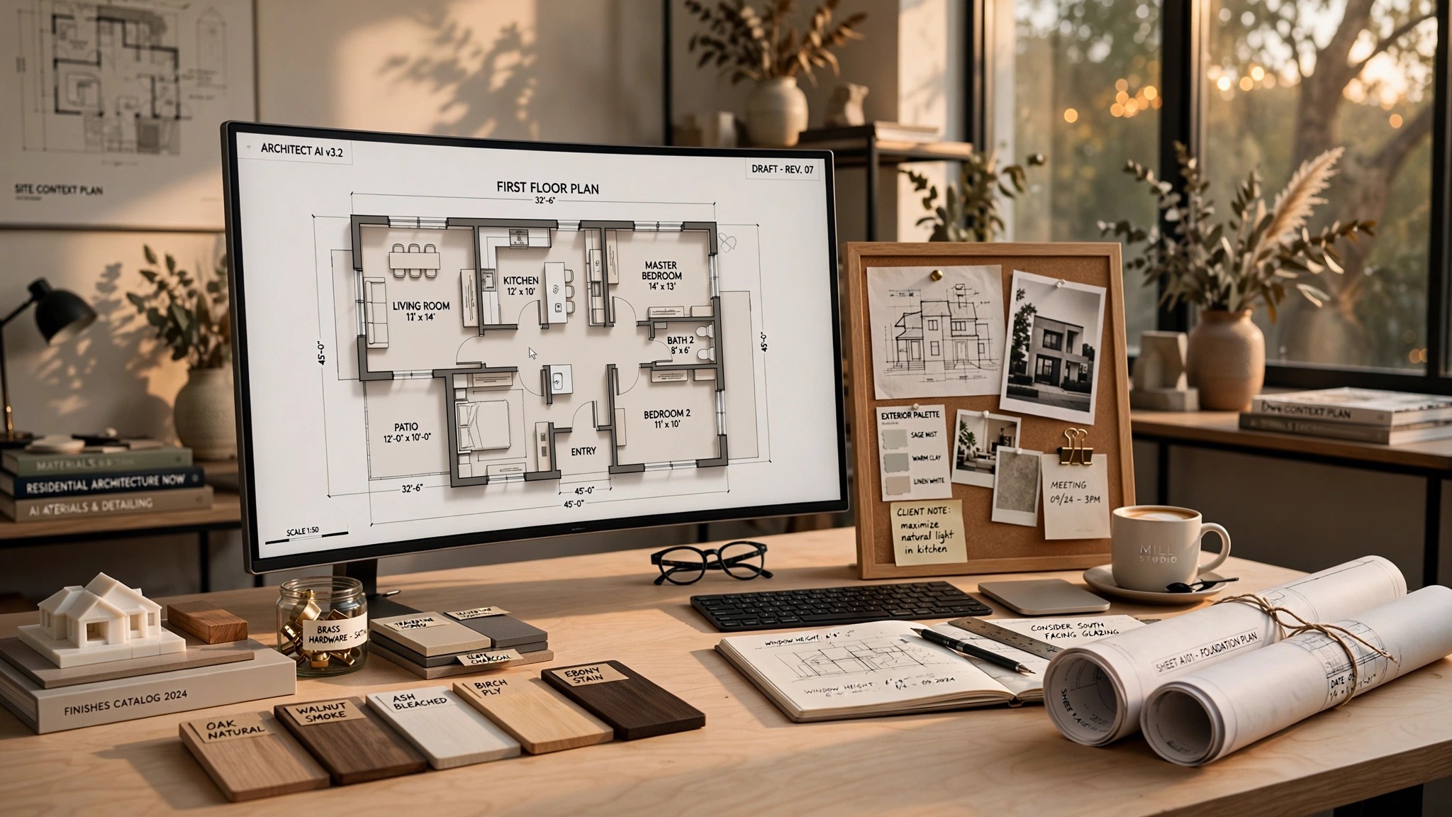 A softly lit architectural studio with a large monitor displaying a 3D residential floor plan, physical material samples and rolled blueprints on the desk beside it