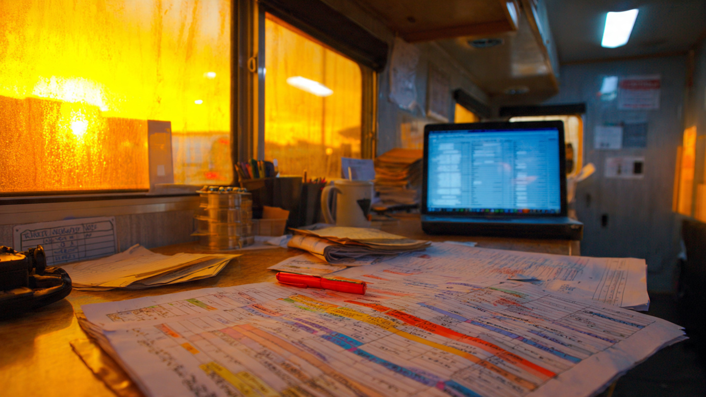 A cluttered construction trailer desk covered in outdated printed Gantt charts, coffee-stained and marked with red pen, with a laptop showing scheduling software glowing in the background