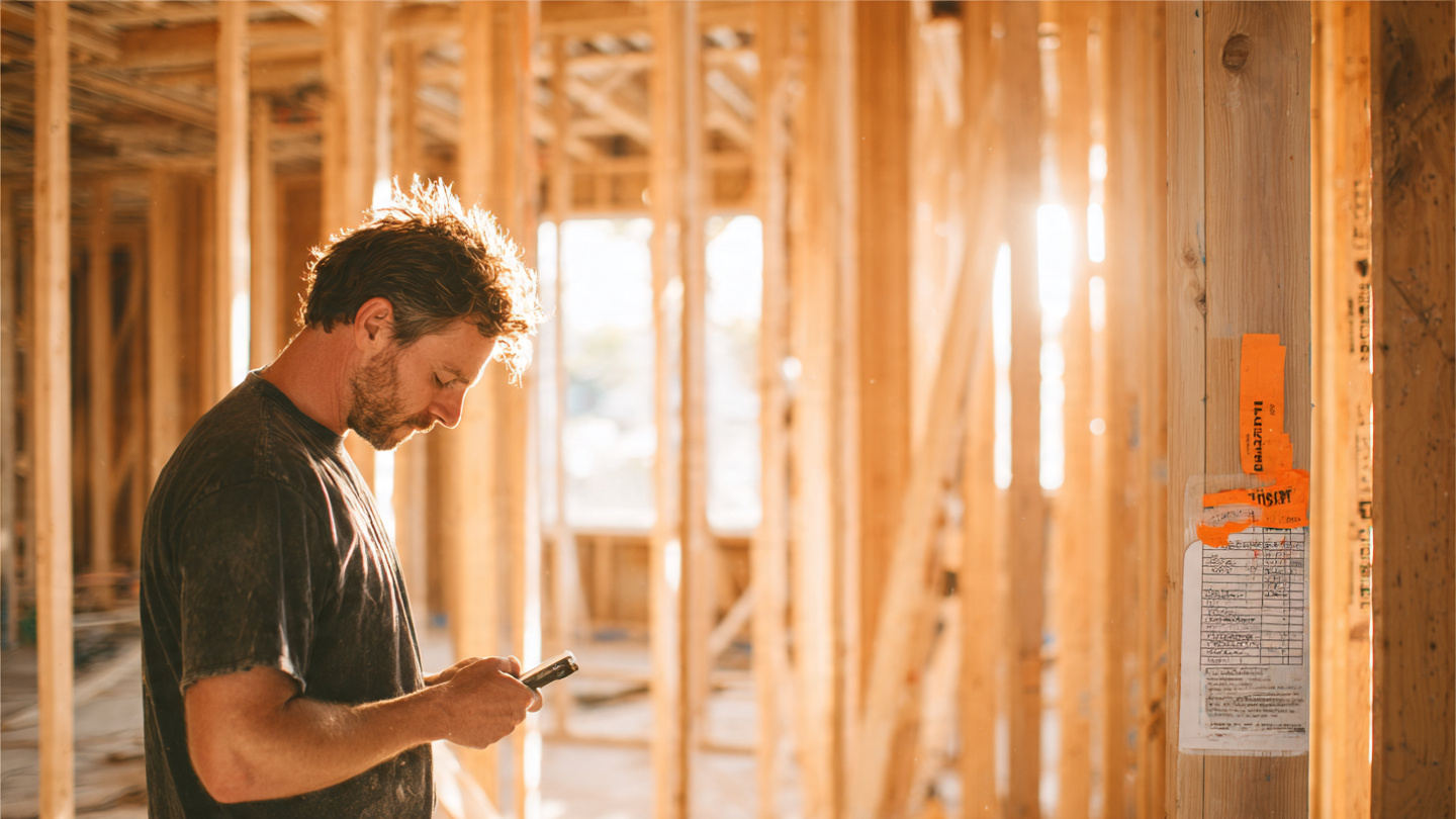 A residential construction site with framing complete, orange inspection notice taped to a stud, a scheduling Gantt chart projected on the wall showing a long red bar labeled 'Waiting for Inspection' dwarfing the other task bars