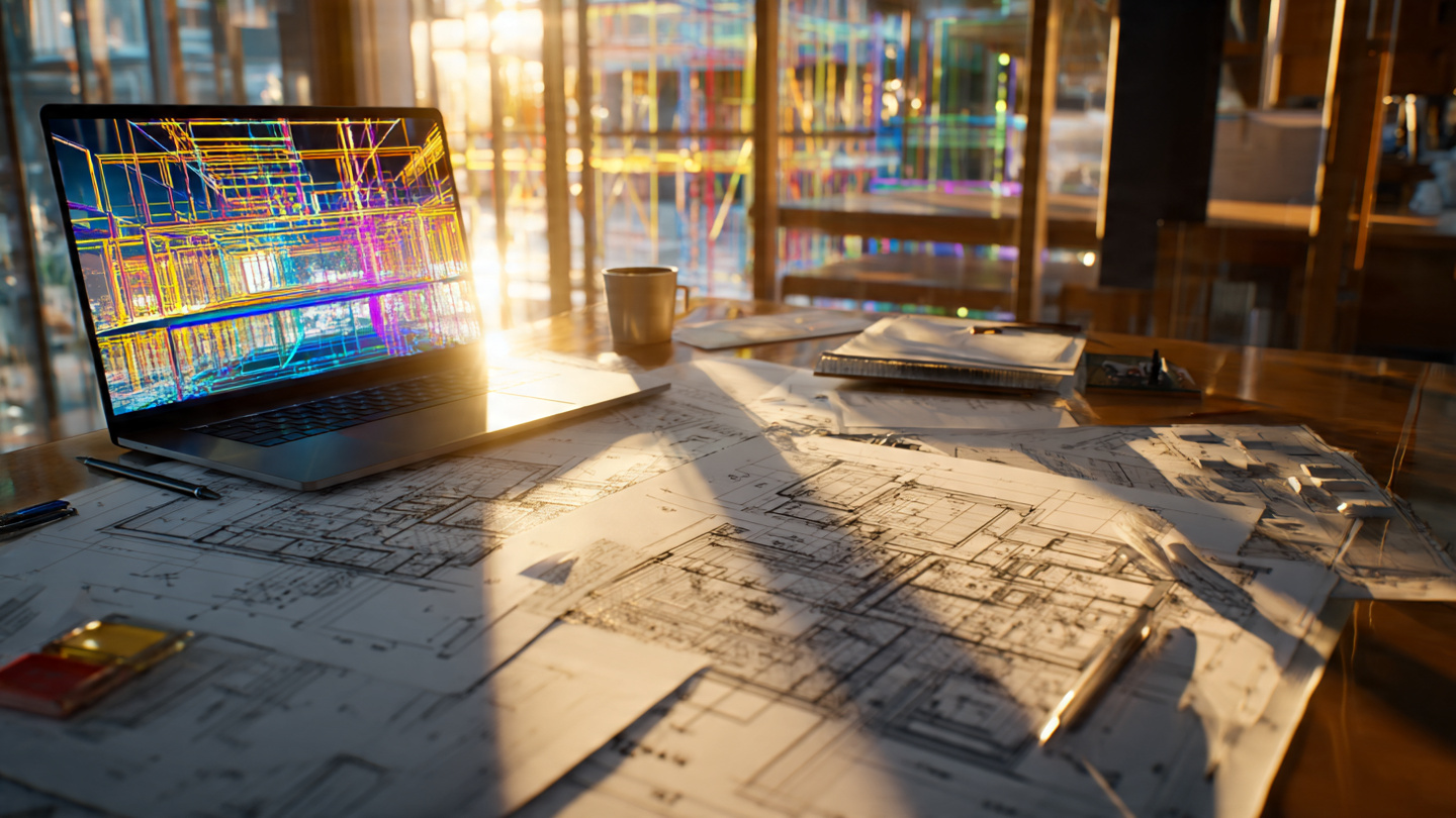 Architectural blueprints and structural calculations spread across a light table, with a laptop screen showing multiple 3D structural frame variations of the same residential building, warm afternoon light from a window