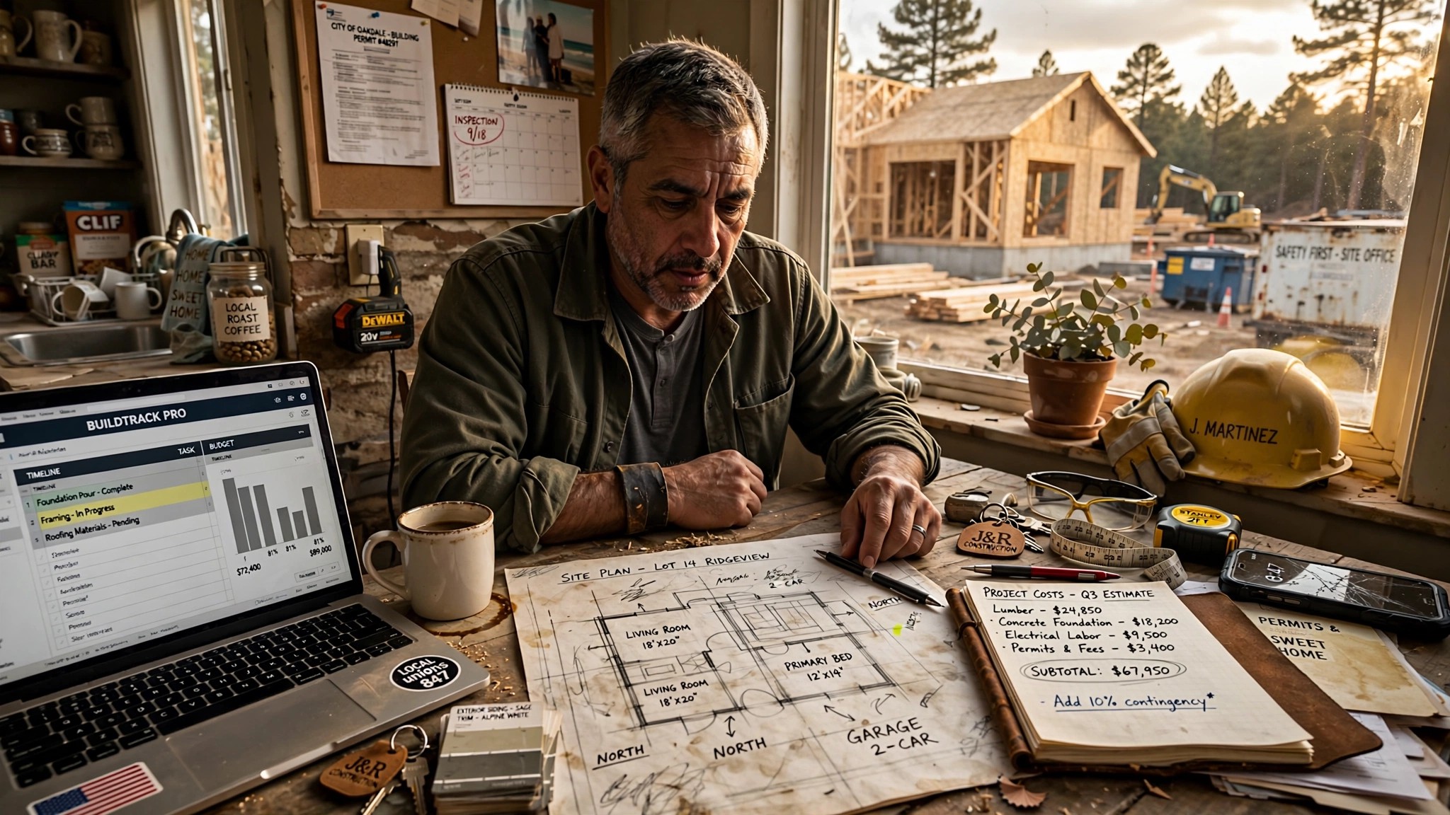 Builder reviewing plans at a kitchen table with a laptop showing takeoff software