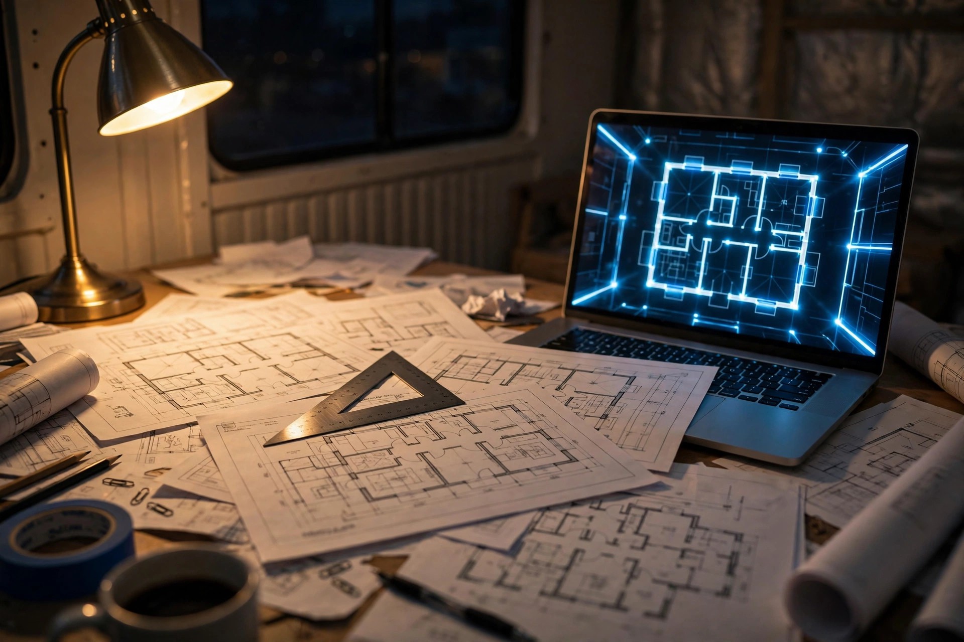 An estimator's desk at night with architectural plan sheets, a scale ruler, and a laptop showing AI-highlighted takeoff measurements overlaid on a floor plan