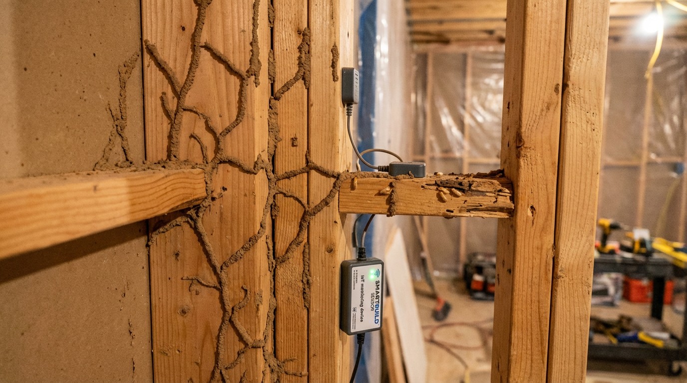 Exposed wall cavity during new home construction with termite monitoring sensors installed on wooden framing