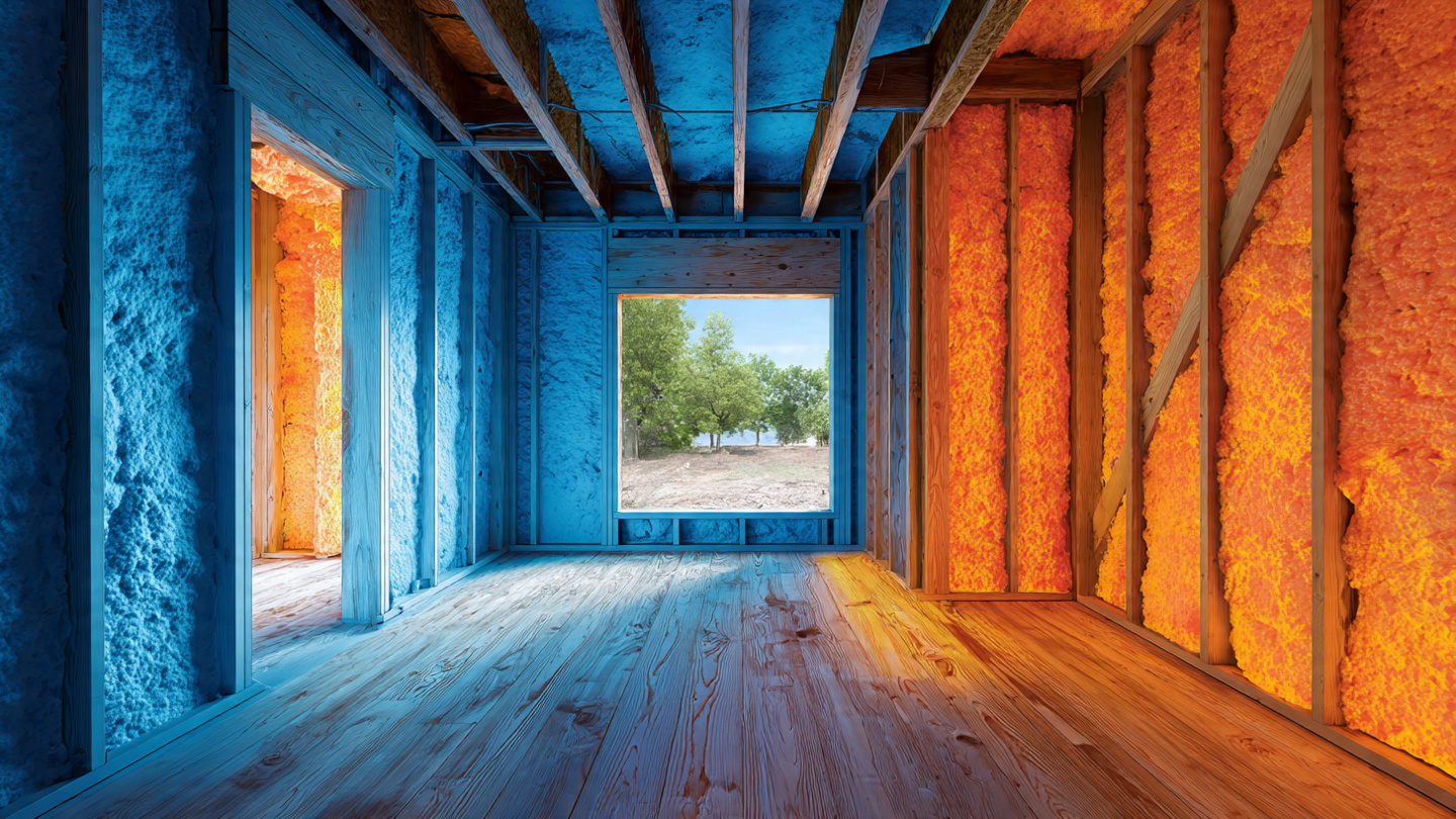 A thermal imaging camera pointed at exposed wall framing with insulation between studs, showing colored heat signatures revealing gaps