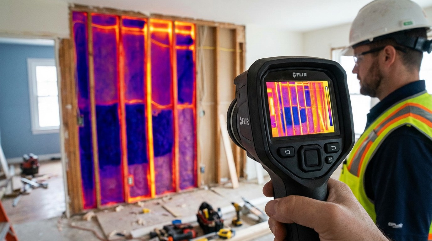 A home inspector holding an AI-powered thermal camera pointed at an open wall cavity during construction, the screen showing blue and orange heat patterns revealing insulation voids