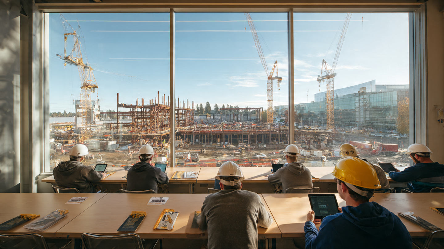 Construction workers on a jobsite with a training classroom visible in the background