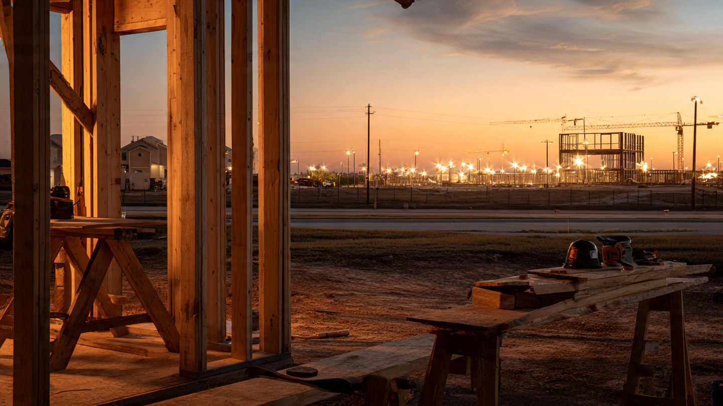An empty residential construction site with unfinished framing and no workers visible, power tools idle on sawhorses, while in the far background a massive data center construction project glows with floodlights and activity