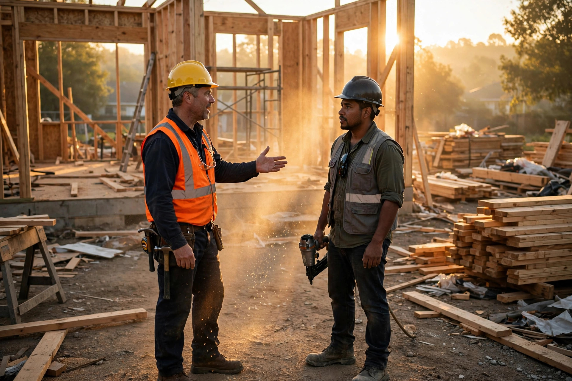 A residential framing crew at work on a house under construction, a foreman gesturing toward wall framing while talking with a worker, warm morning light, sawdust in the air