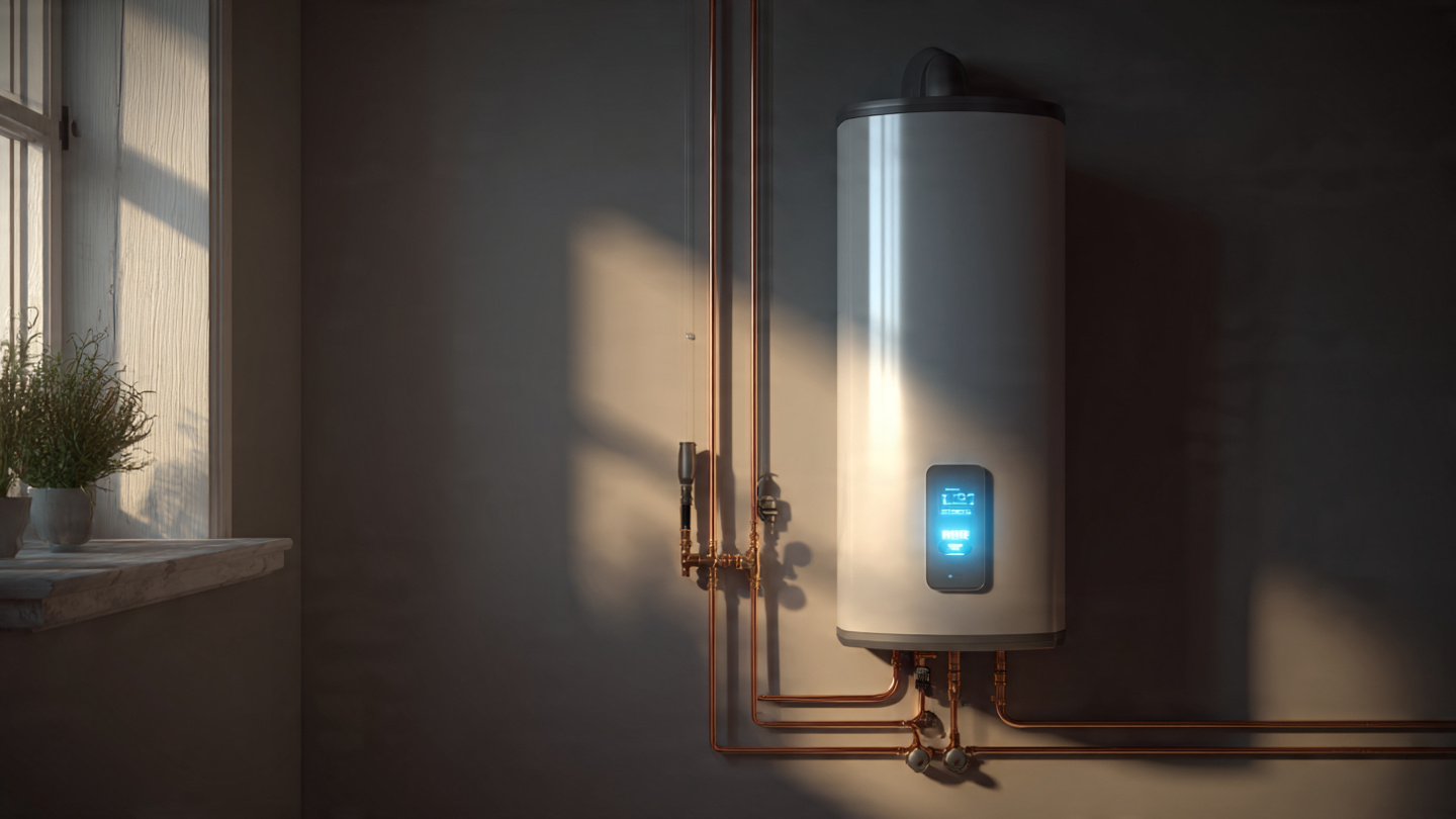 A heat pump water heater in a new-construction utility room, digital display glowing with a time-of-use rate chart, copper pipes connecting to household plumbing