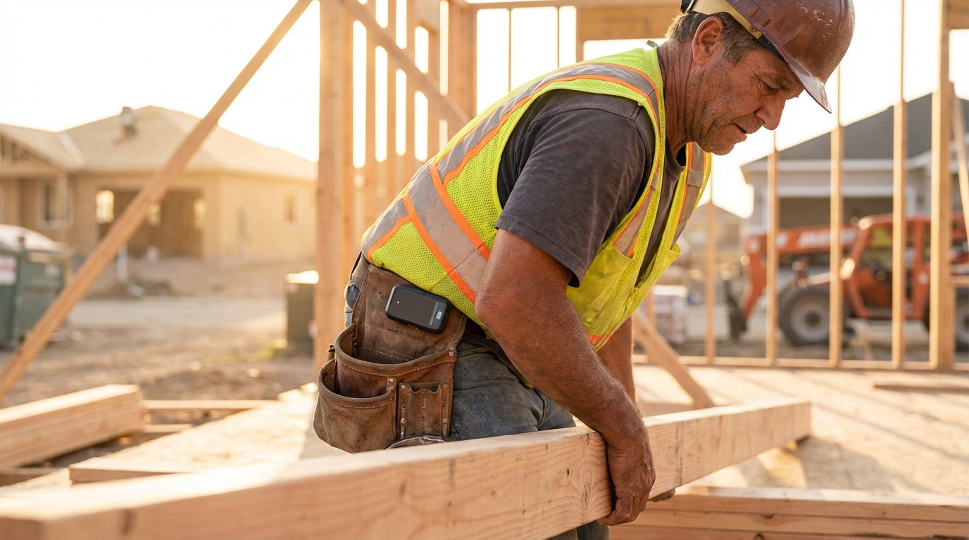 Construction worker on a residential framing site wearing a small clip-on sensor device on his belt, bending to lift lumber