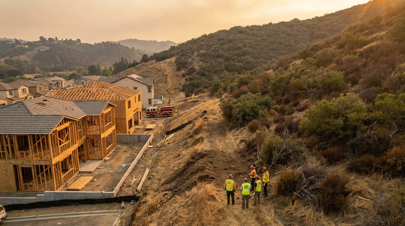 Aerial view of a new home construction site at the edge of dry California hills, with charred vegetation visible on the adjacent ridgeline