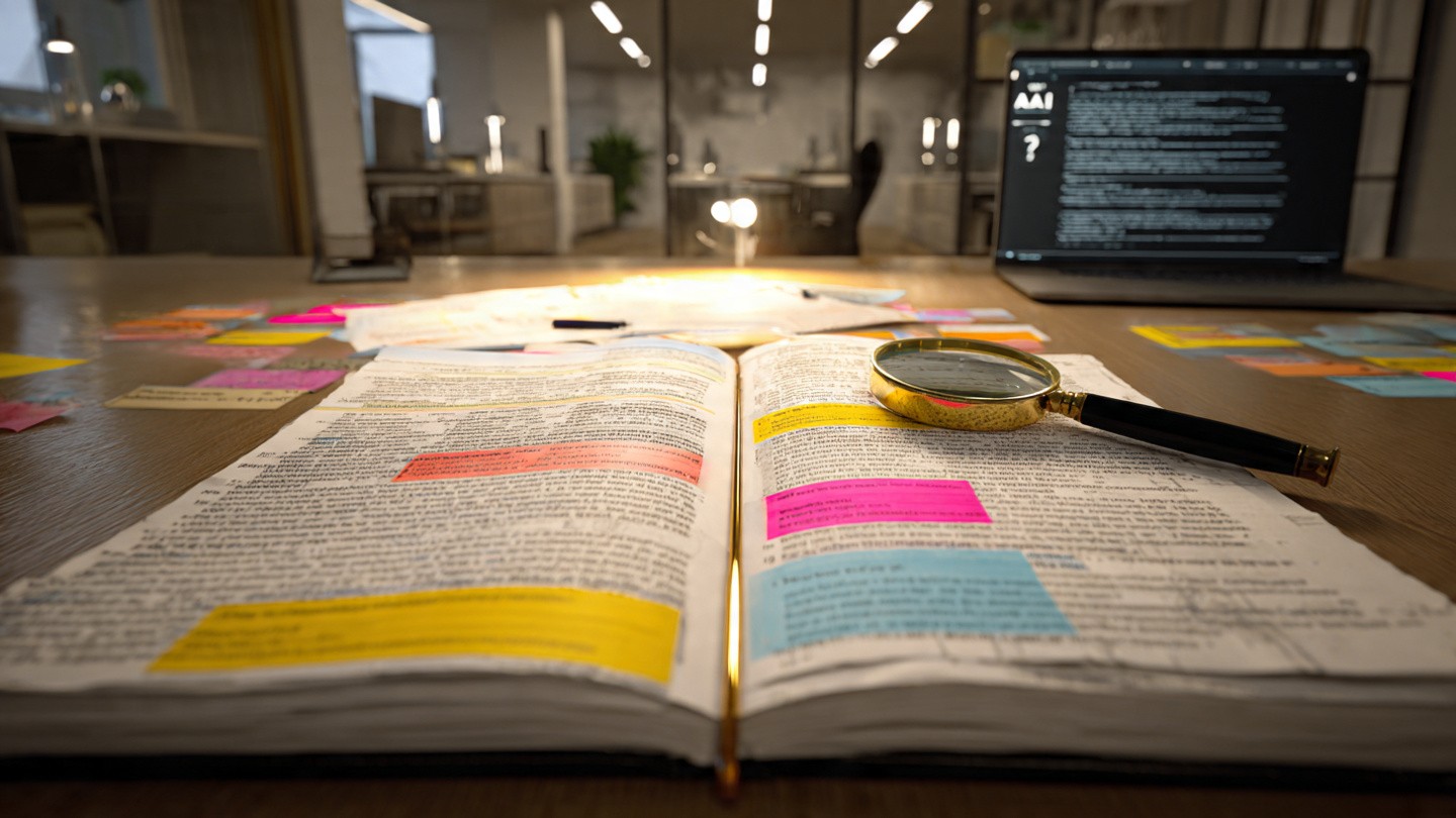 A dense printed zoning code document with cross-reference annotations and highlighted sections on a plan reviewer's desk