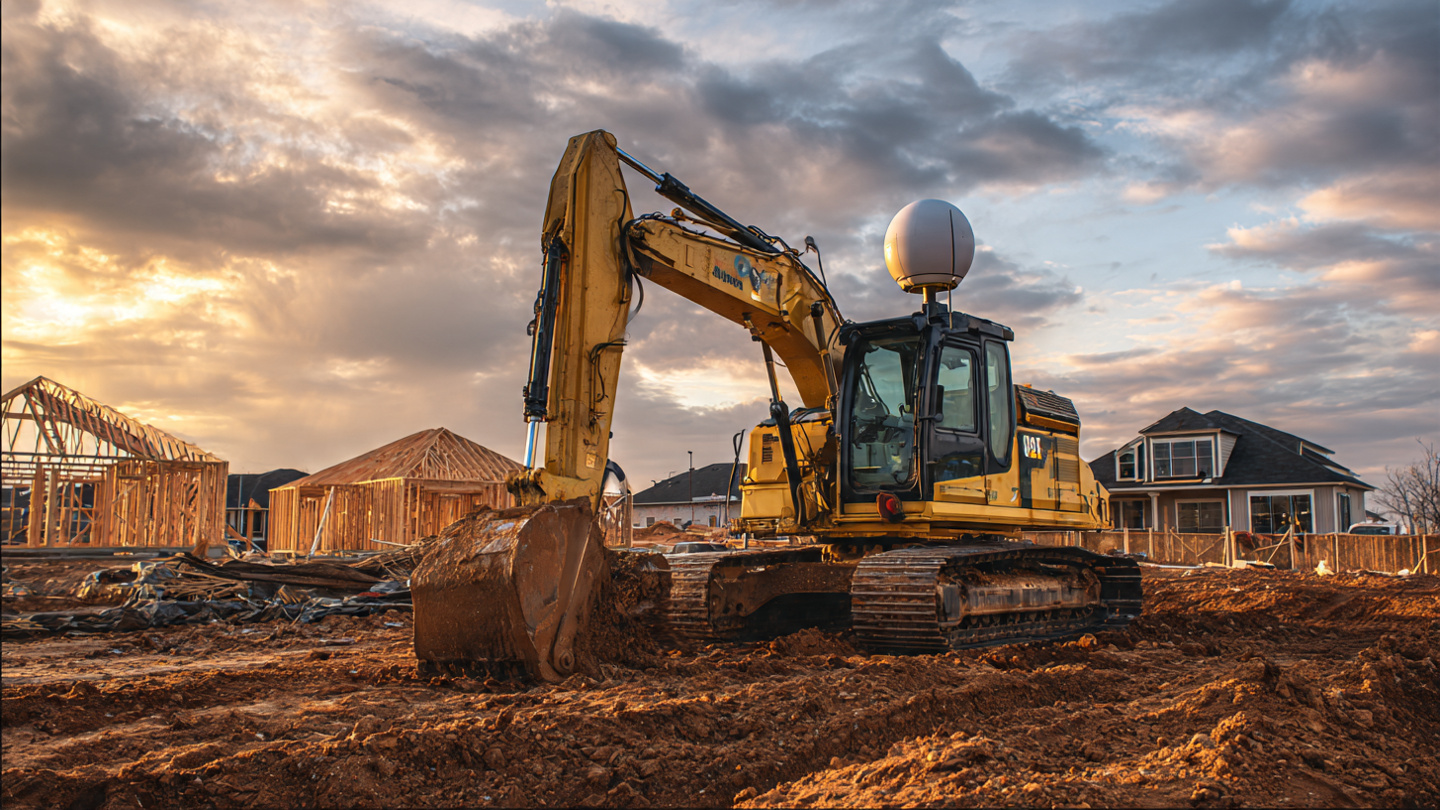 A yellow excavator working alone on a residential grading site at golden hour, sensor equipment mounted on the cab roof, no operator visible