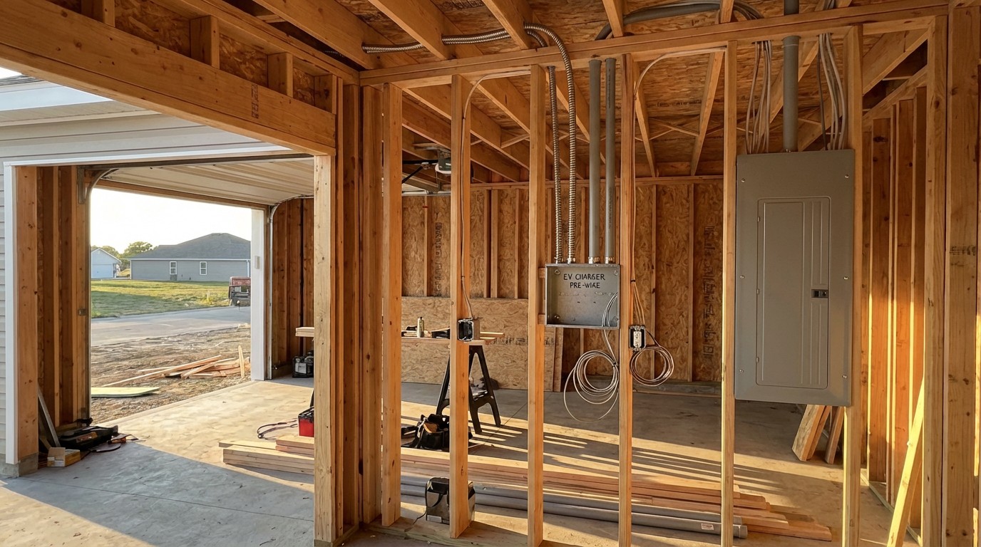 An open residential garage wall during construction showing electrical conduit and a pre-wired EV charger circuit next to an electrical panel, warm afternoon light