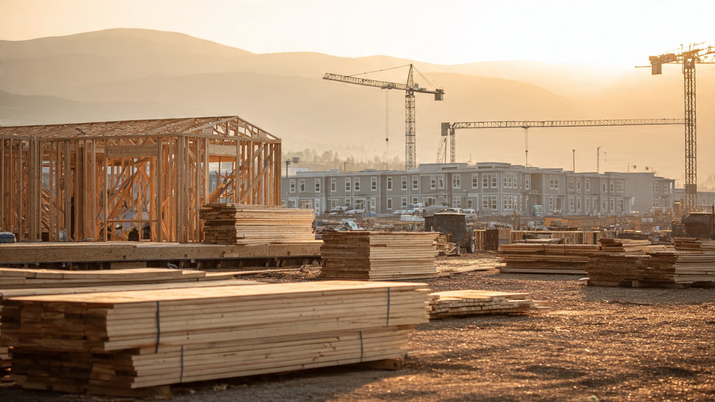 An empty residential construction site with exposed framing and no workers visible, a data center campus visible in the background haze, late afternoon light casting long shadows across stacked lumber