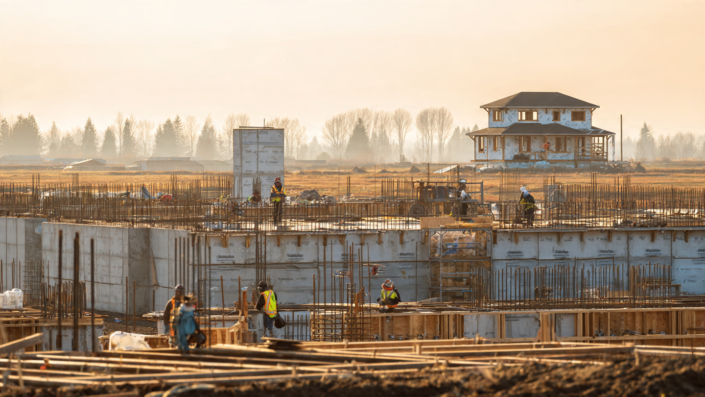 A sprawling data center construction site under bright afternoon sun, massive concrete forms and steel rebar in the foreground, while far in the background a modest two-story wood-frame house stands half-finished with no workers visible