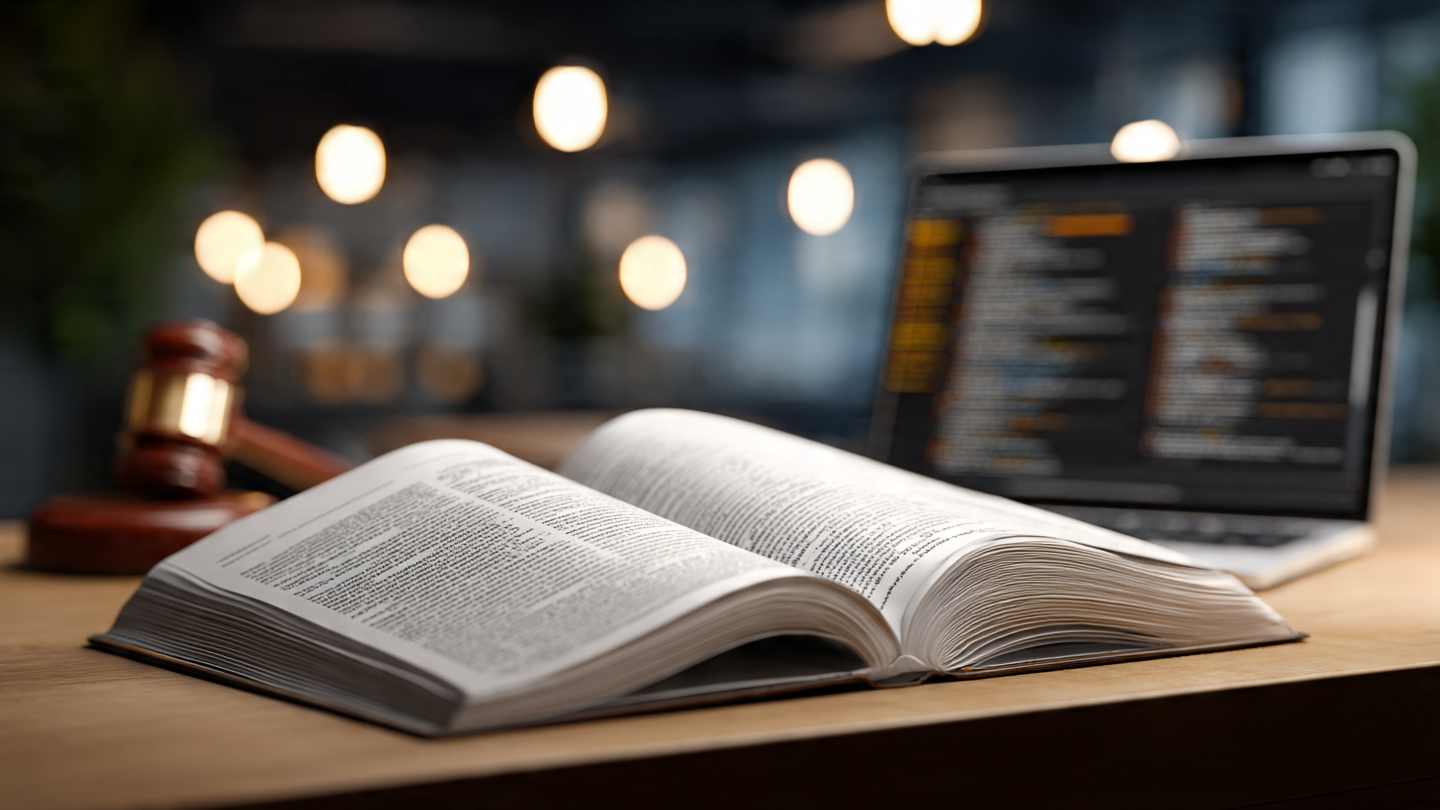 A thick building code reference book lying open on a desk beside a laptop screen showing highlighted code sections, with a courtroom gavel resting on the pages