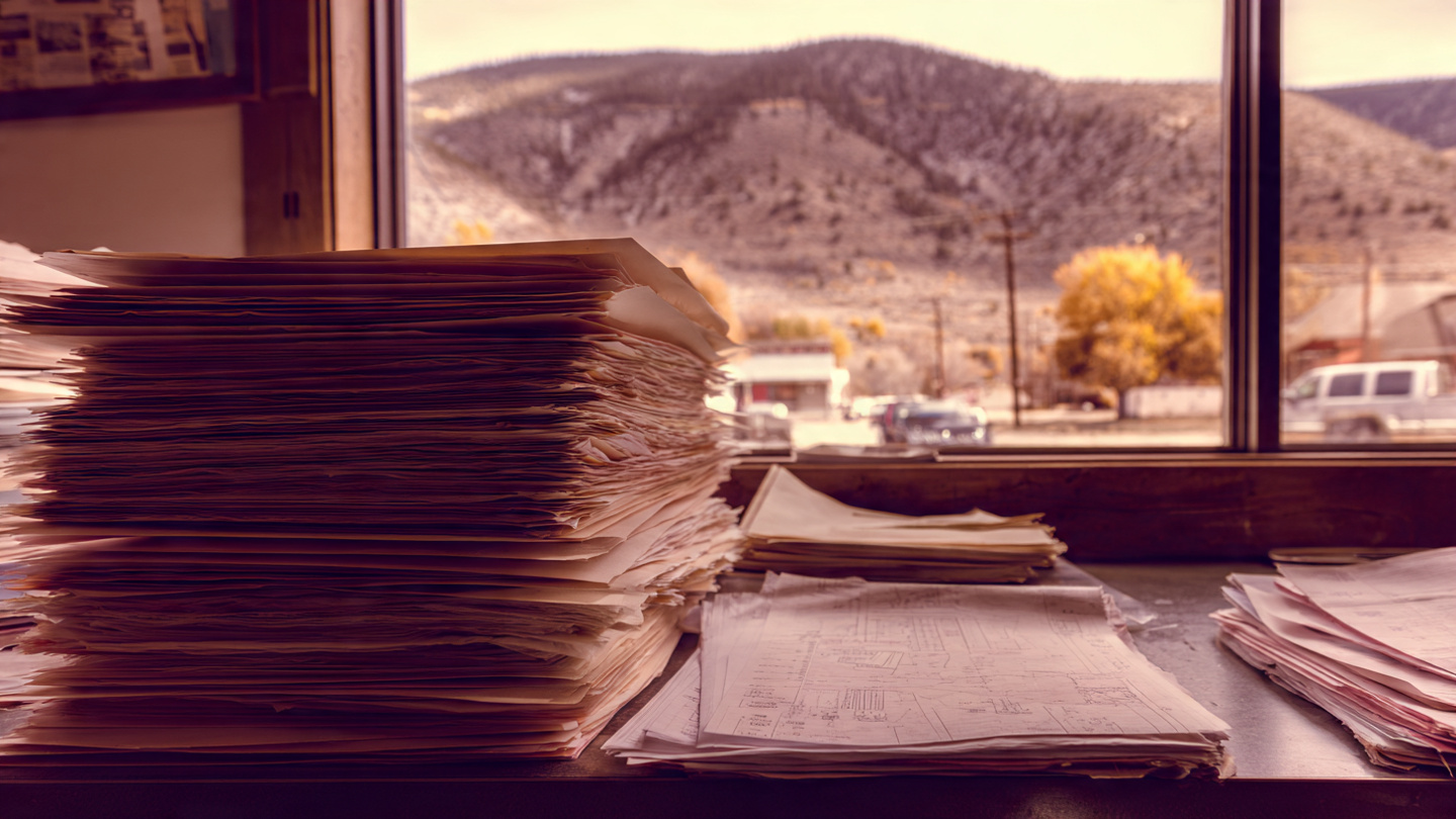 A small Colorado mountain town's planning department office with stacked paper building plans on a desk, a wildfire-scarred hillside visible through the window behind