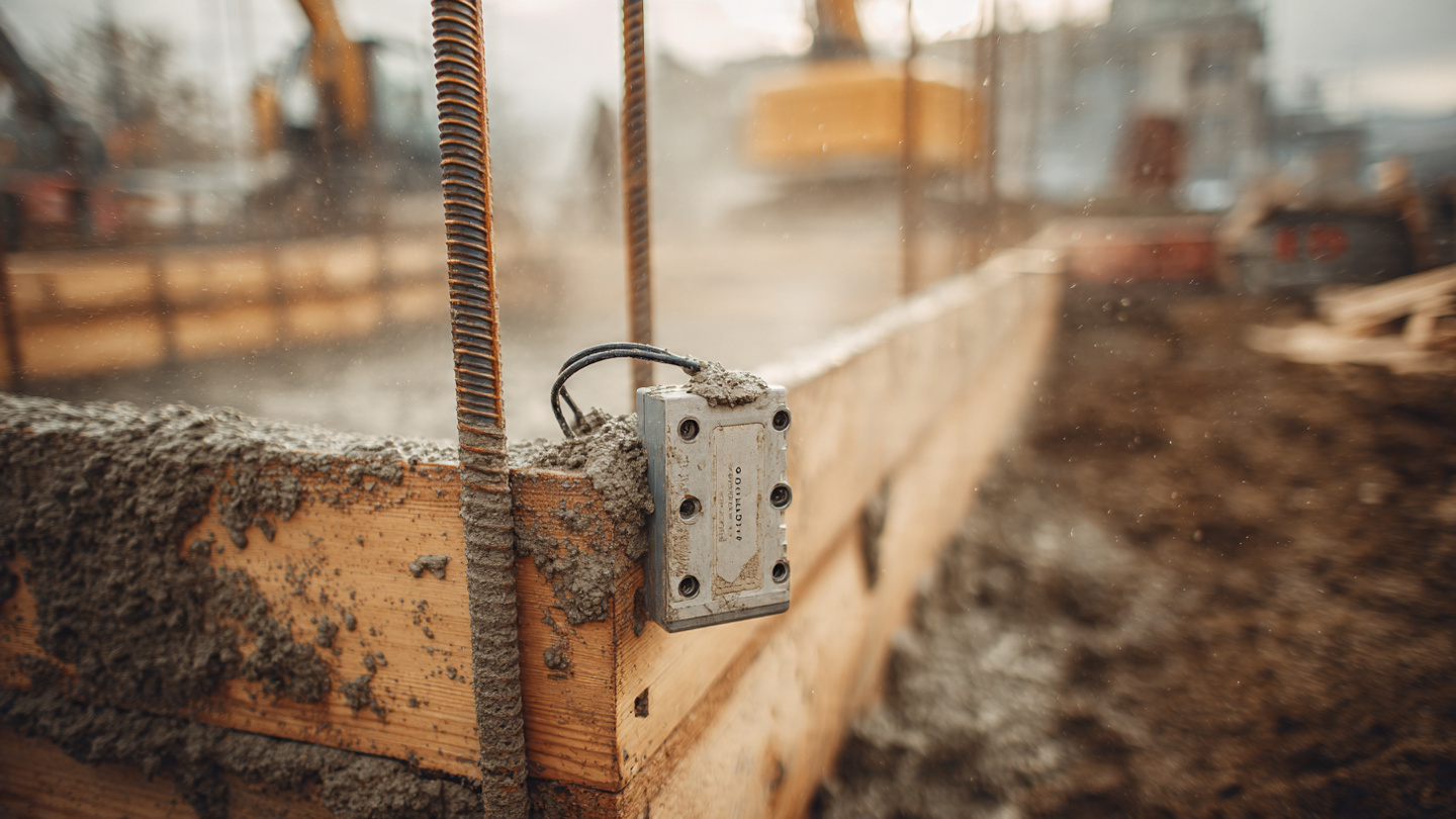 Wireless concrete maturity sensor embedded in a residential foundation pour with rebar grid visible