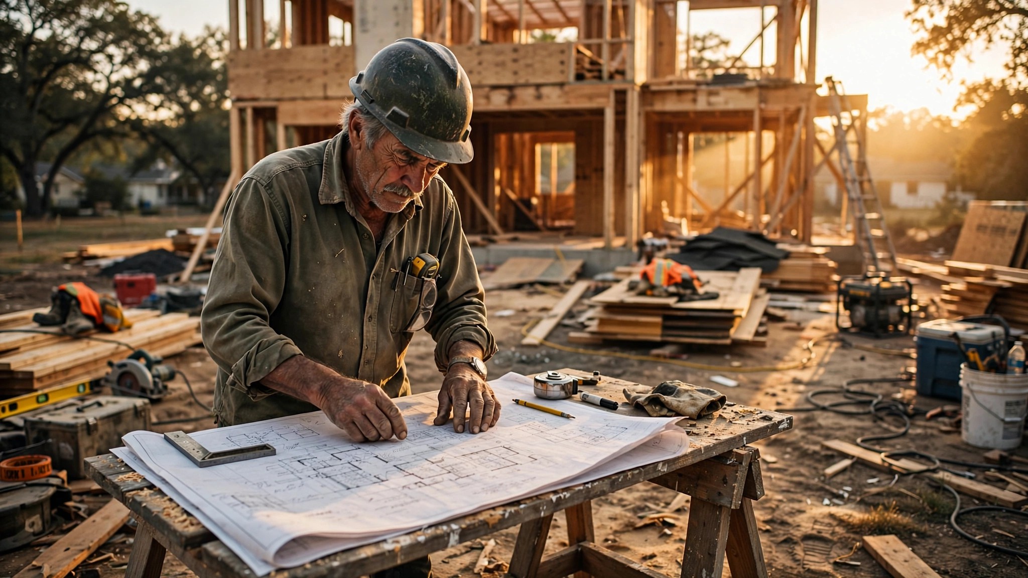 An older construction superintendent reviewing blueprints at a residential job site, hard hat and weathered hands, late afternoon light