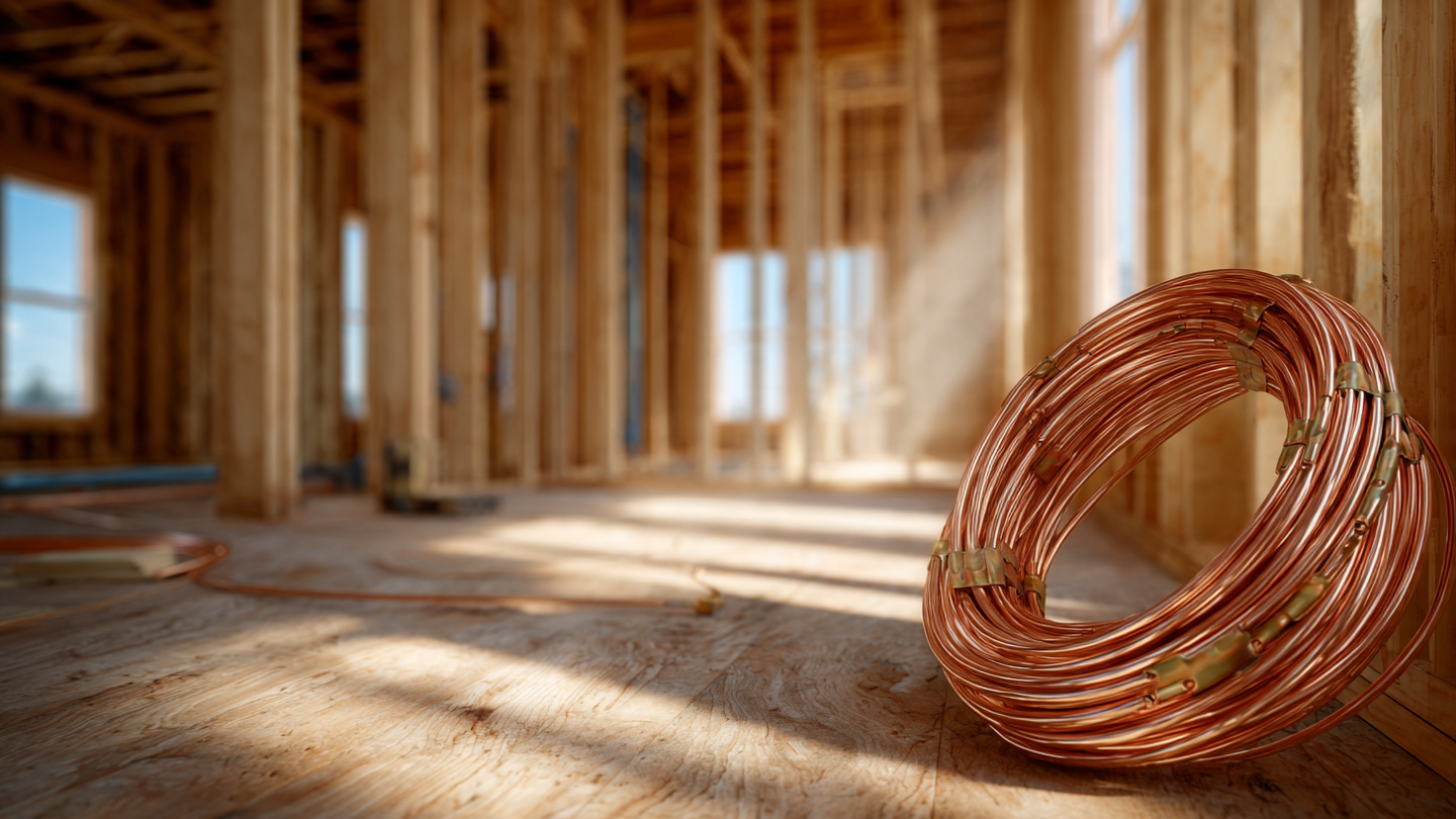 Coils of bright copper wire and copper pipe fittings stacked on a plywood subfloor inside a home under construction, warm natural light streaming through framed window openings