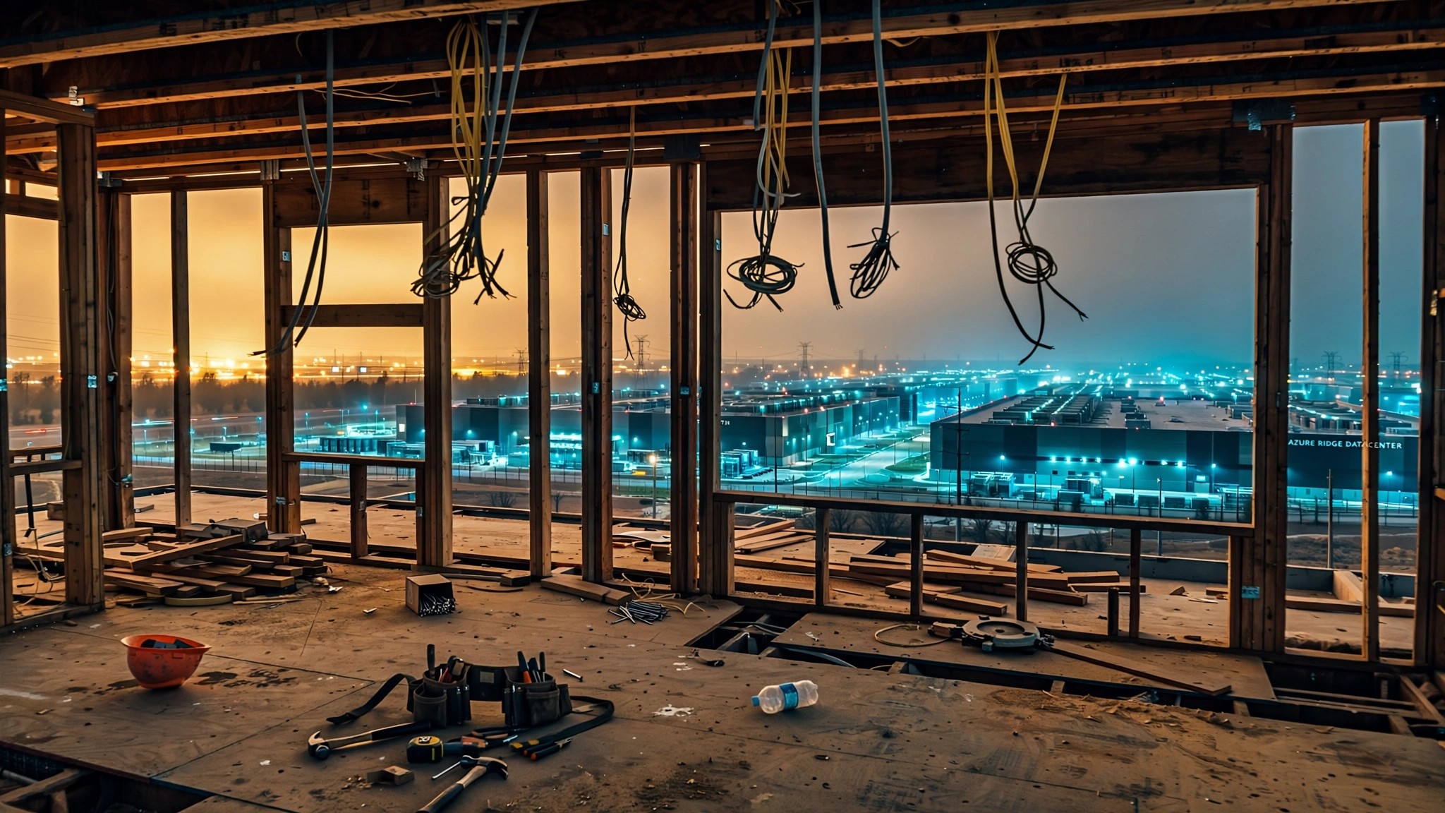 An empty residential construction site at dusk with exposed electrical conduit hanging from ceiling joists, no workers visible, and the distant glow of a massive data center campus on the horizon