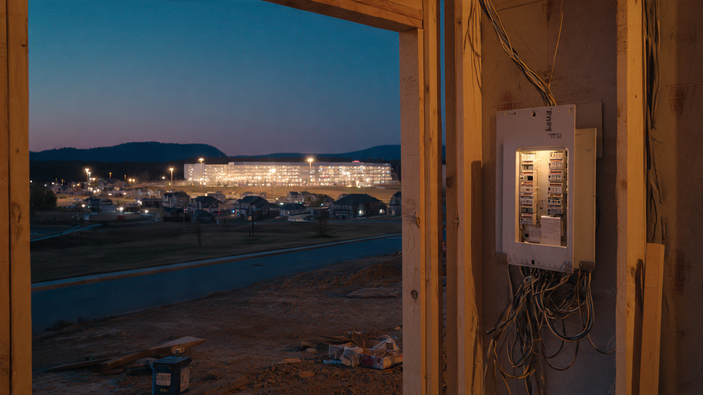 A half-finished residential construction site at dusk with an empty electrical panel, conduit dangling from wall studs, and a massive illuminated data center visible on the horizon beyond the subdivision