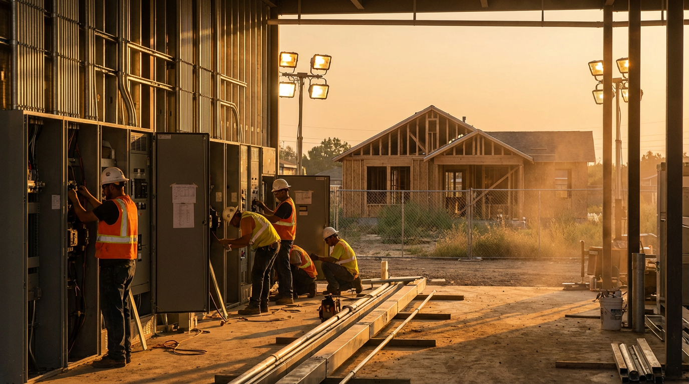 Electricians working on data center construction while a residential home sits unfinished in the background