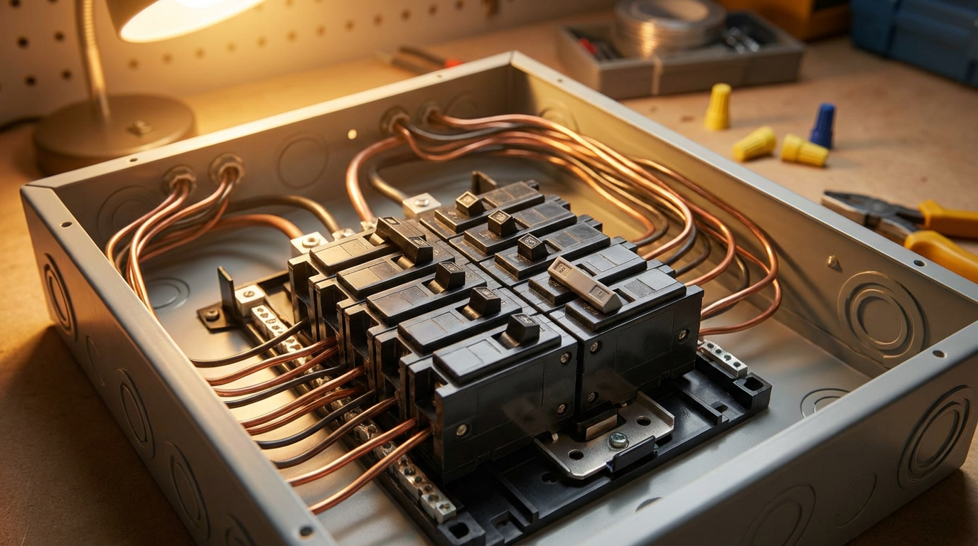 Residential electrical panel with copper wiring and circuit breakers