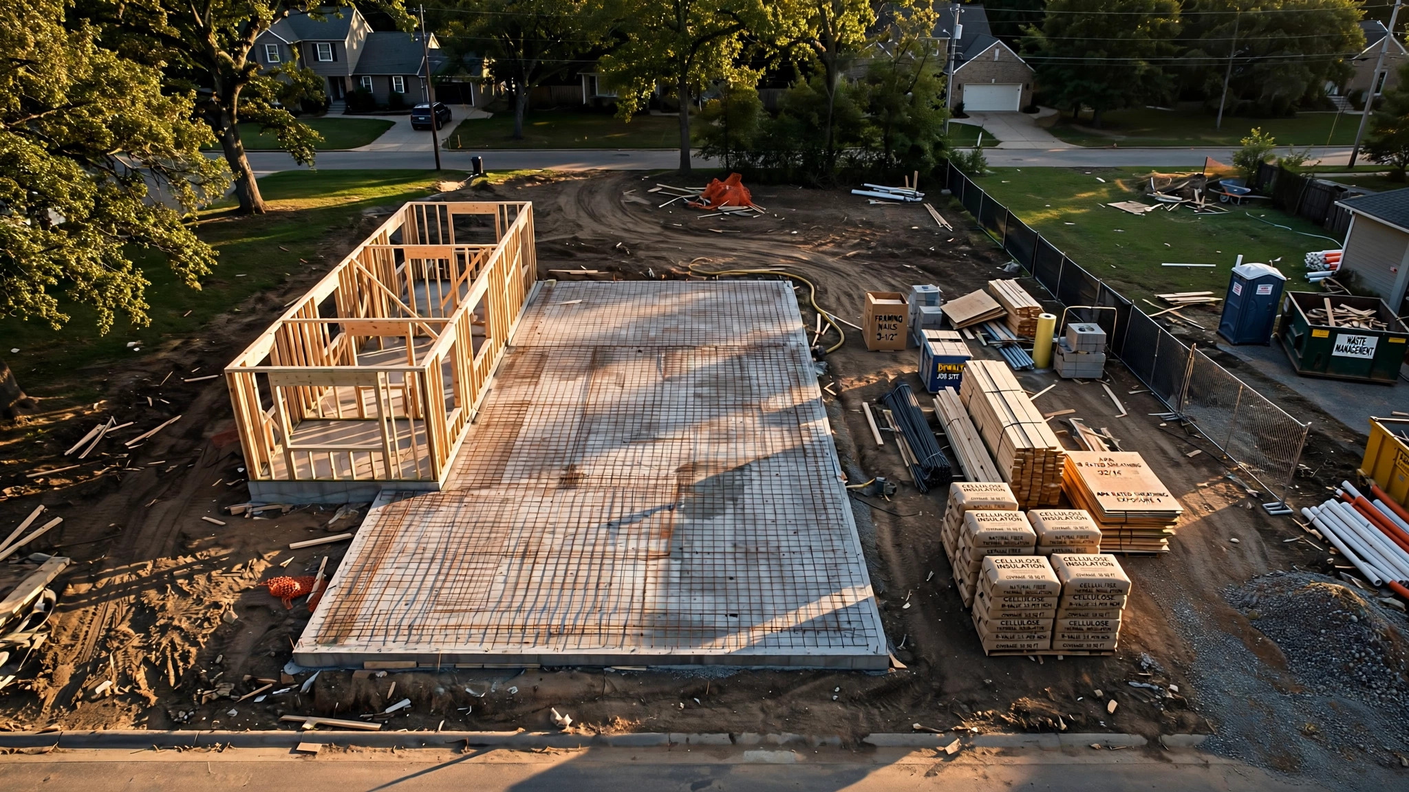 Aerial view of a residential construction site at golden hour showing concrete foundation with rebar grid, timber framing, and stacks of insulation materials