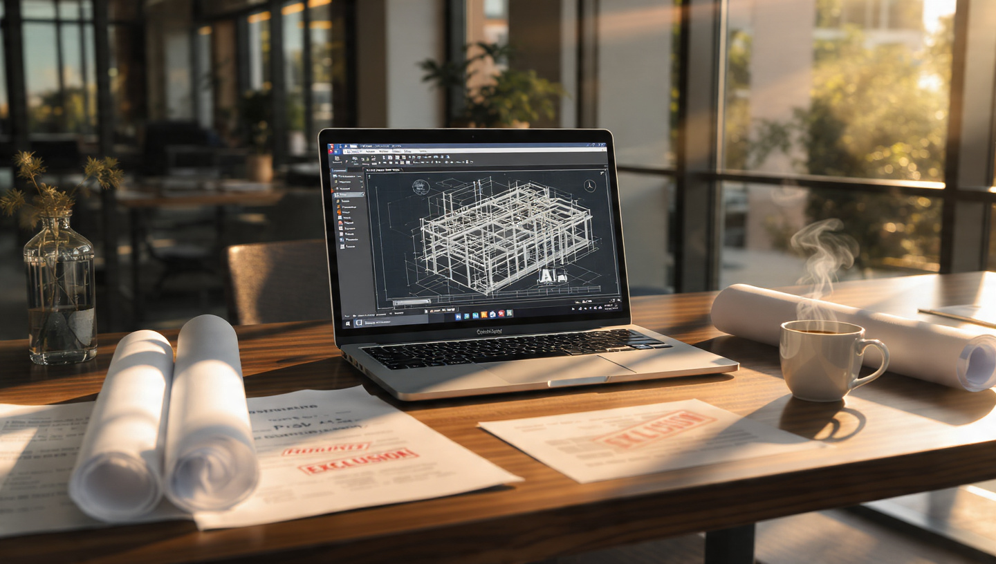 An architect's desk with a laptop showing AI design software, a printed insurance policy with red exclusion stamps, and rolled-up blueprints in a modern office