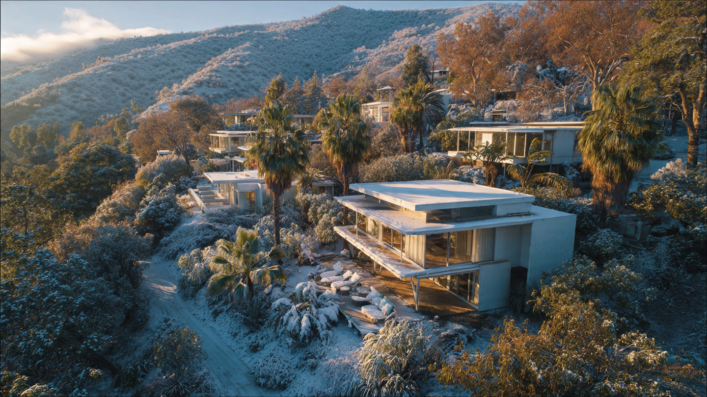 Three nearly identical white modernist houses with flat roofs and floor-to-ceiling glass arranged on a hillside in different climates, one surrounded by palm trees, one by snow, one by fog, all eerily similar
