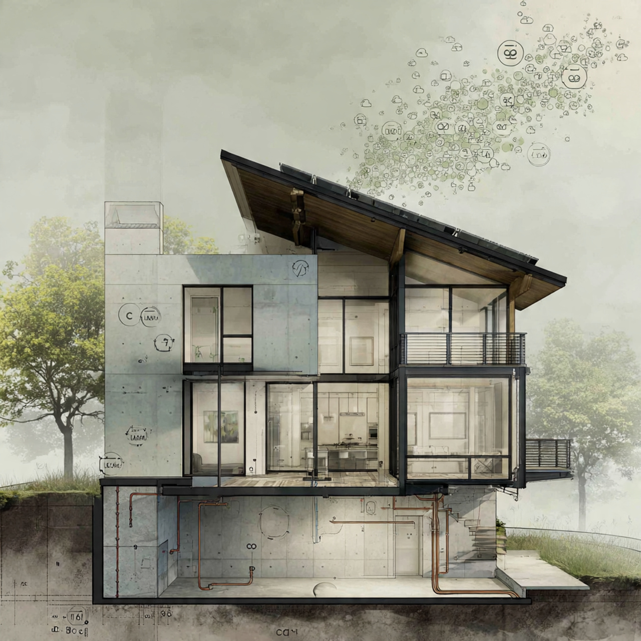 A modern energy-efficient home with triple-pane windows and thick insulation layers, cross-sectioned to reveal concrete foundations and spray foam insulation emitting faint CO2 molecules